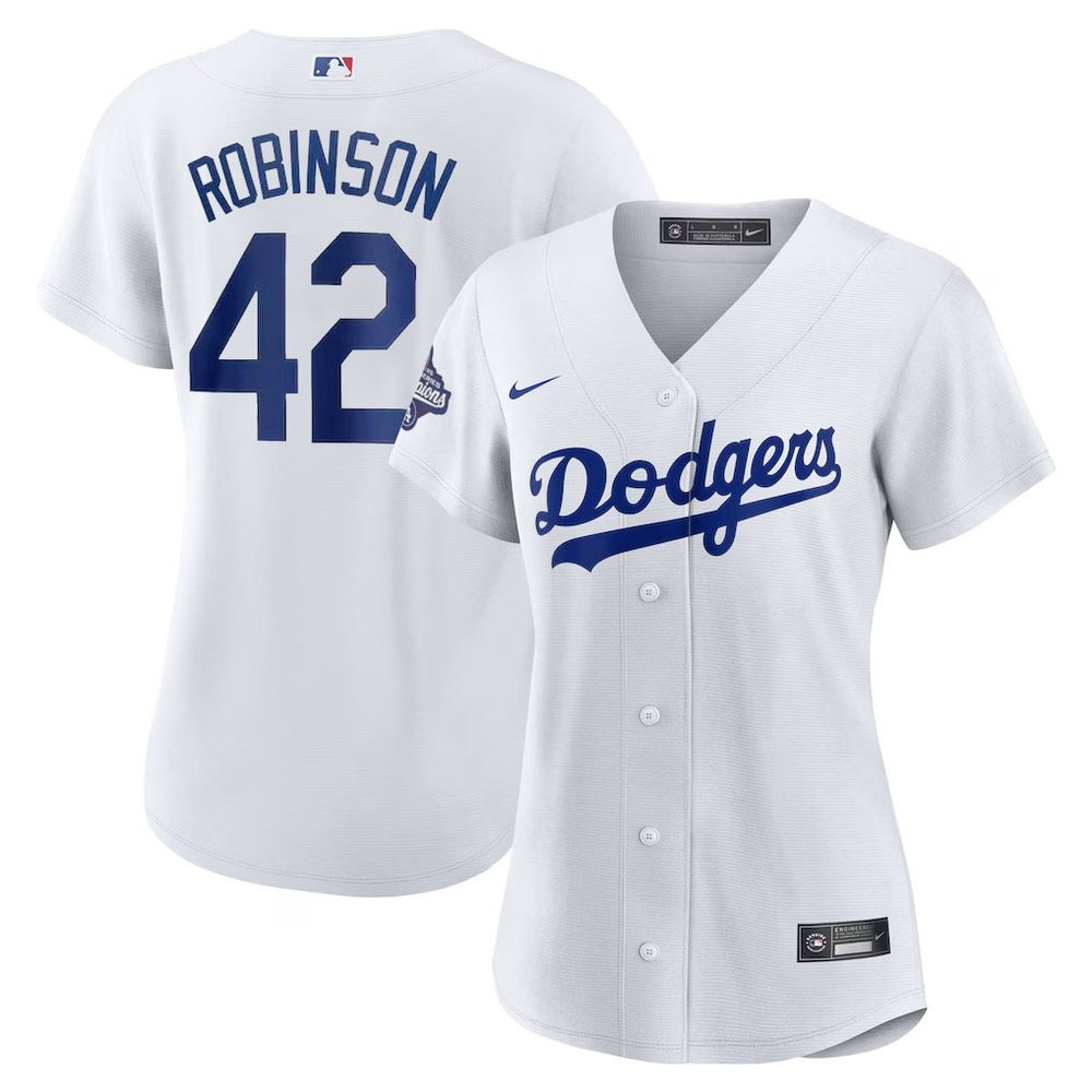 Women's Los Angeles Dodgers #42 Jackie Robinson White 2025 World Series Champions Home Replica Jersey Women's Los Angeles Dodgers #42 Jackie Robinson White 2025 World Series Champions Home Replica Jersey