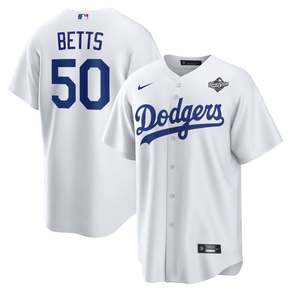 Men's Los Angeles Dodgers #50 Mookie Betts White 2025 World Series Home Replica Player Jersey Men's Los Angeles Dodgers #50 Mookie Betts White 2025 World Series Home Replica Player Jersey