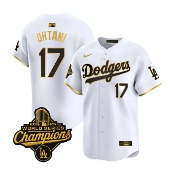 Men's Los Angeles Dodgers #17 Shohei Ohtani White Golden 2025 World Series Champions Home Limited Jersey Men's Los Angeles Dodgers #17 Shohei Ohtani White Golden 2025 World Series Champions Home Limited Jersey