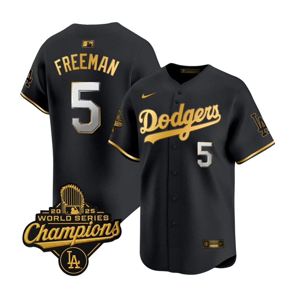 Men's Los Angeles Dodgers #5 Freddie Freeman Black Golden 2025 World Series Champions Home Limited Jersey Men's Los Angeles Dodgers #5 Freddie Freeman Black Golden 2025 World Series Champions Home Limited Jersey