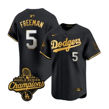 Men's Los Angeles Dodgers #5 Freddie Freeman Black Golden 2025 World Series Champions Home Limited Jersey Men's Los Angeles Dodgers #5 Freddie Freeman Black Golden 2025 World Series Champions Home Limited Jersey