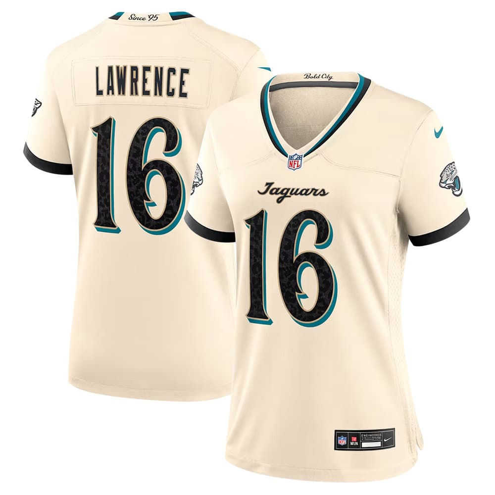 Women's Jacksonville Jaguars #16 Trevor Lawrence Cream 2026 Rivalries Collection Game Jersey Women's Jacksonville Jaguars #16 Trevor Lawrence Cream 2026 Rivalries Collection Game Jersey