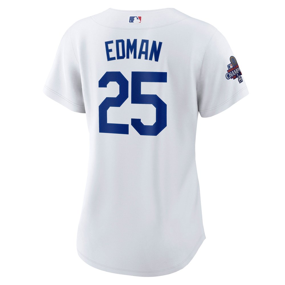 Women's Los Angeles Dodgers #25 Tommy Edman White 2024 World Series Champions Home Replica Player Jersey Women's Los Angeles Dodgers #25 Tommy Edman White 2024 World Series Champions Home Replica Player Jersey