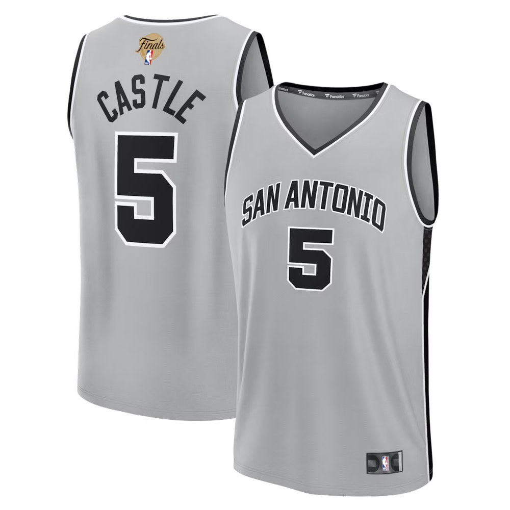 Men's San Antonio Spurs #5 Stephon Castle Silver 2026 NBA Finals Patch Fast Break Statement Edition Jersey Men's San Antonio Spurs #5 Stephon Castle Silver 2026 NBA Finals Patch Fast Break Statement Edition Jersey