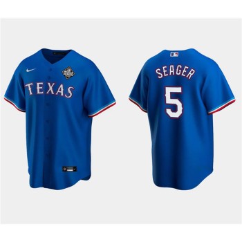 Men's Texas Rangers #5 Corey Seager Royal 2023 World Series Stitched Baseball Jersey Men's Texas Rangers #5 Corey Seager Royal 2023 World Series Stitched Baseball Jersey
