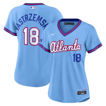 Women's Atlanta Braves #18 Mike Yastrzemski Nike Powder Blue 2026 City Connect Stadium Jersey Women's Atlanta Braves #18 Mike Yastrzemski Nike Powder Blue 2026 City Connect Stadium Jersey