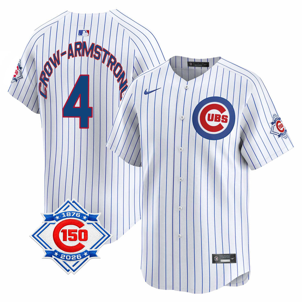 Men's Chicago Cubs #4 Pete Crow-Armstrong White Nike Home Vapor Limited 150th Anniversary Authentic Lettering Jersey Men's Chicago Cubs #4 Pete Crow-Armstrong White Nike Home Vapor Limited 150th Anniversary Authentic Lettering Jersey