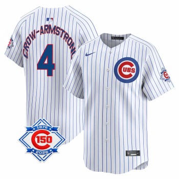 Men's Chicago Cubs #4 Pete Crow-Armstrong White Nike Home Vapor Limited 150th Anniversary Authentic Lettering Jersey Men's Chicago Cubs #4 Pete Crow-Armstrong White Nike Home Vapor Limited 150th Anniversary Authentic Lettering Jersey