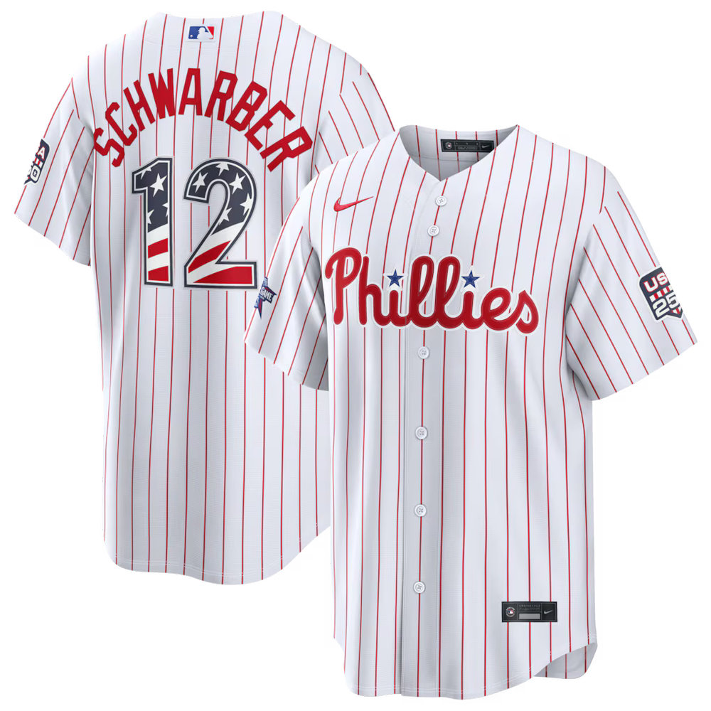 Men's Philadelphia Phillies #12 Kyle Schwarber Nike White 2026 All-Star Edition Stars & Stripes Stadium Jersey Men's Philadelphia Phillies #12 Kyle Schwarber Nike White 2026 All-Star Edition Stars & Stripes Stadium Jersey
