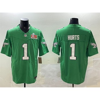 Men's Philadelphia Eagles #1 Jalen Hurts Green 2025 Super Bowl LIX Patch F.U.S.E. Throwback Vapor Untouchable Limited Stitched Football Jersey Men's Philadelphia Eagles #1 Jalen Hurts Green 2025 Super Bowl LIX Patch F.U.S.E. Throwback Vapor Untouchable Limited Stitched Football Jersey