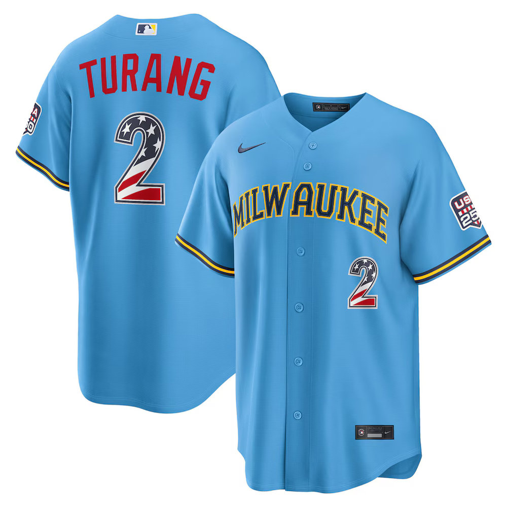 Youth Milwaukee Brewers #2 Brice Turang Nike Light Blue USA 250 Fourth of July Road Stadium Jersey Youth Milwaukee Brewers #2 Brice Turang Nike Light Blue USA 250 Fourth of July Road Stadium Jersey