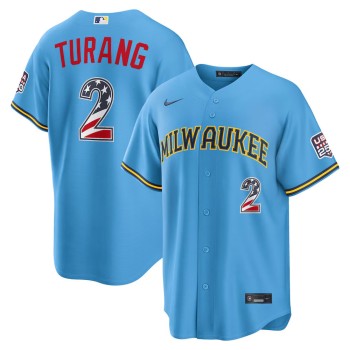 Youth Milwaukee Brewers #2 Brice Turang Nike Light Blue USA 250 Fourth of July Road Stadium Jersey Youth Milwaukee Brewers #2 Brice Turang Nike Light Blue USA 250 Fourth of July Road Stadium Jersey
