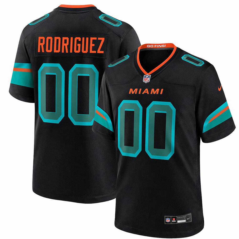 Men's Miami Dolphins Jacob Rodriguez Black 2026 NFL Draft Game Jersey Men's Miami Dolphins Jacob Rodriguez Black 2026 NFL Draft Game Jersey
