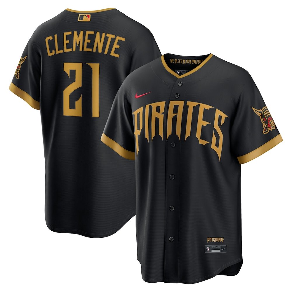 Men's Pittsburgh Pirates #21 Roberto Clemente Black 2026 City Connect Stitched Jersey Men's Pittsburgh Pirates #21 Roberto Clemente Black 2026 City Connect Stitched Jersey