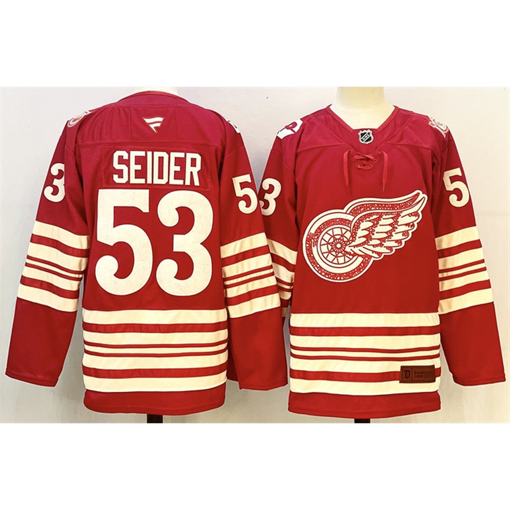 Men's Detroit Red Wings #53 Moritz Seider Red 2025-26 Centennial Premium Stitched Hockey Premium Jersey