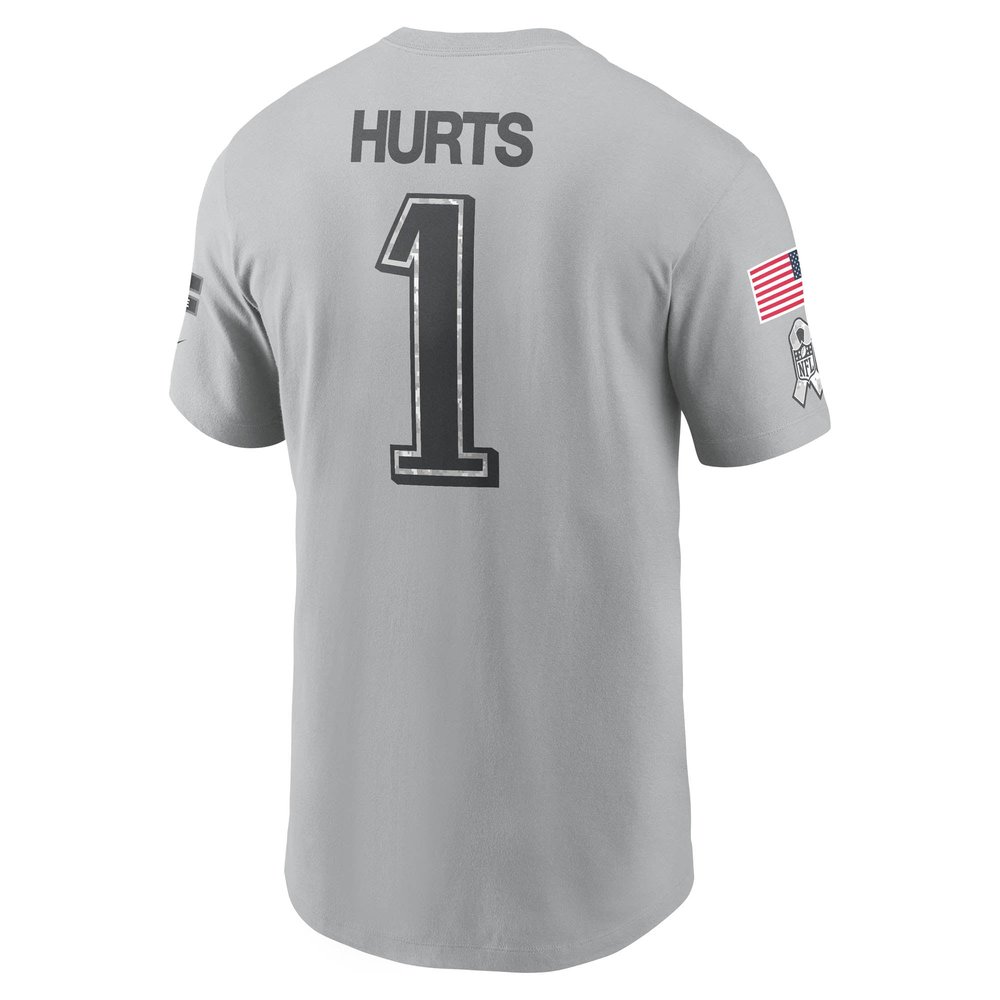 Men's Philadelphia Eagles #1 Jalen Hurts Gray 2024 Salute To Service Name & Number T-Shirt