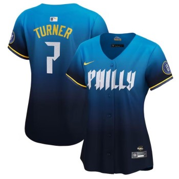 Women's Philadelphia Phillies #7 Trea Turner Blue 2024 City Connect Limited Stitched Baseball Jersey Women's Philadelphia Phillies #7 Trea Turner Blue 2024 City Connect Limited Stitched Baseball Jersey
