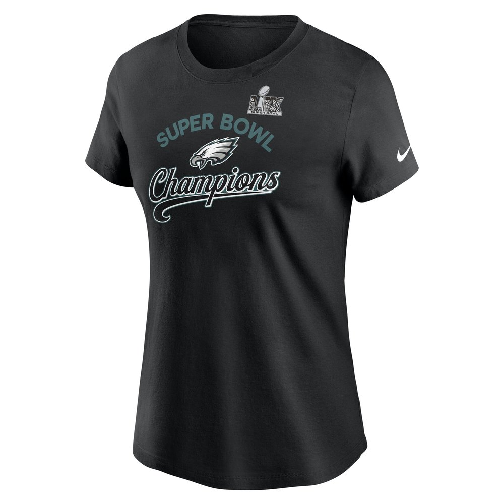 Women's Philadelphia Eagles Black Super Bowl LIX Champions Tailsweep T-Shirt Women's Philadelphia Eagles Black Super Bowl LIX Champions Tailsweep T-Shirt
