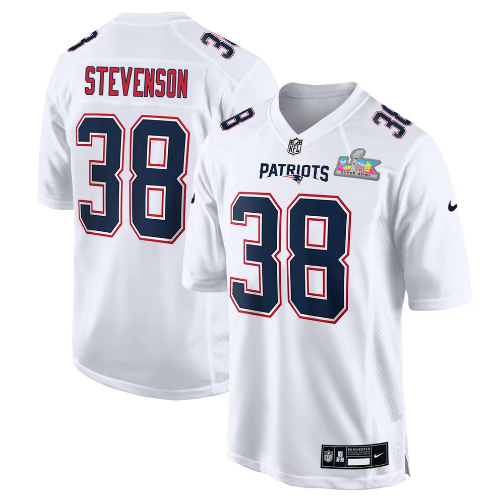 Men's New England Patriots #38 Rhamondre Stevenson White Super Bowl LX Patch Tundra Fashion Game Jersey