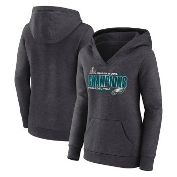 Women's Philadelphia Eagles  Heather Charcoal Super Bowl LIX Champions V-Neck Pullover Hoodie Women's Philadelphia Eagles  Heather Charcoal Super Bowl LIX Champions V-Neck Pullover Hoodie