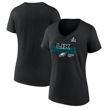 Women's Philadelphia Eagles  Black Super Bowl LIX Champions Iconic Victory V-Neck T-Shirt Women's Philadelphia Eagles  Black Super Bowl LIX Champions Iconic Victory V-Neck T-Shirt