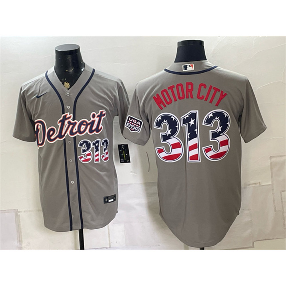 Men's Detroit Tigers #313 Motor City Grey 2026 USA 250 Fourth of July Jersey Men's Detroit Tigers #313 Motor City Grey 2026 USA 250 Fourth of July Jersey
