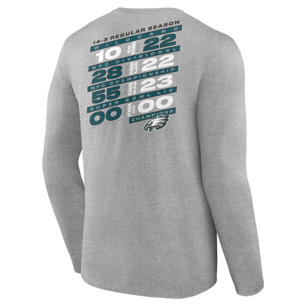 Men's Philadelphia Eagles Heather Gray Super Bowl LIX Champions Counting Points Score Long Sleeve T-Shirt Men's Philadelphia Eagles Heather Gray Super Bowl LIX Champions Counting Points Score Long Sleeve T-Shirt