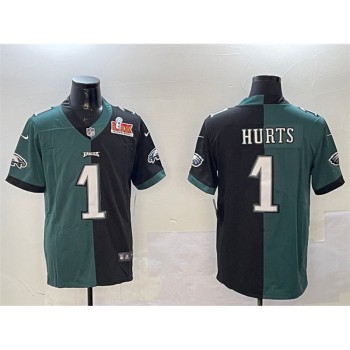 Men's Philadelphia Eagles #1 Jalen Hurts Green & Black Split 2025 Super Bowl LIX Patch Vapor Untouchable Limited Stitched Football Jersey Men's Philadelphia Eagles #1 Jalen Hurts Green & Black Split 2025 Super Bowl LIX Patch Vapor Untouchable Limited Stitched Football Jersey