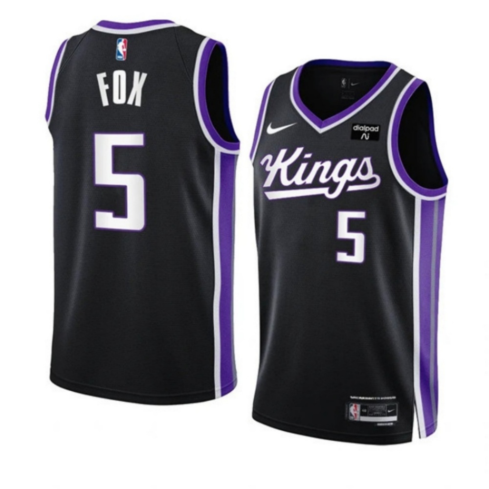 Men's Sacramento Kings #5 De’Aaron Fox Black 2023/24 Icon Edition Swingman Stitched Basketball Jersey Men's Sacramento Kings #5 De’Aaron Fox Black 2023/24 Icon Edition Swingman Stitched Basketball Jersey