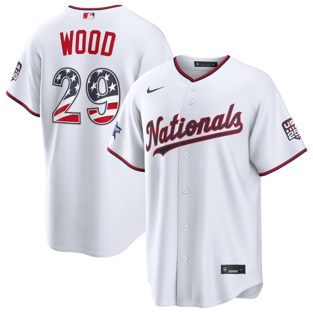 Men's Washington Nationals #29 James Wood Nike White 2026 All-Star Edition Stars & Stripes Stadium Jersey Men's Washington Nationals #29 James Wood Nike White 2026 All-Star Edition Stars & Stripes Stadium Jersey
