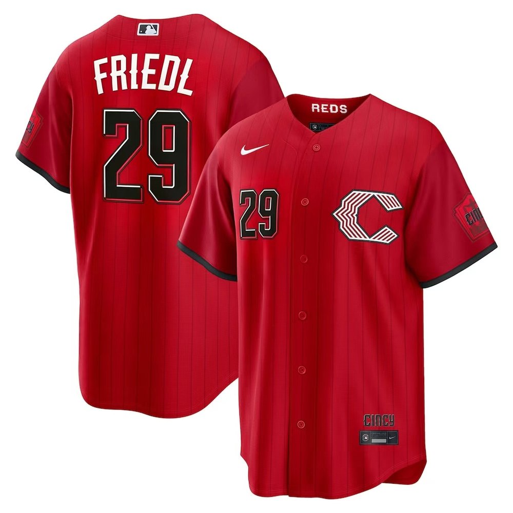 Men's Cincinnati Reds #29 TJ Friedl Red 2026 City Connect Stitched Jersey Men's Cincinnati Reds #29 TJ Friedl Red 2026 City Connect Stitched Jersey