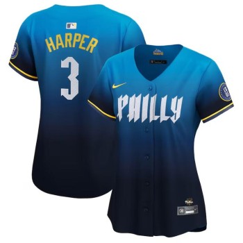 Women's Philadelphia Phillies #3 Bryce Harper Blue 2024 City Connect Limited Stitched Baseball Jersey Women's Philadelphia Phillies #3 Bryce Harper Blue 2024 City Connect Limited Stitched Baseball Jersey