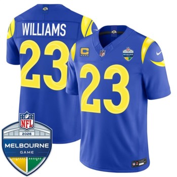 Men's Los Angeles Rams #23 Kyren Williams Royal 2026 4-Star C Patch And Melbourne Game Patch Vapor F.U.S.E. Limited Jersey Men's Los Angeles Rams #23 Kyren Williams Royal 2026 4-Star C Patch And Melbourne Game Patch Vapor F.U.S.E. Limited Jersey