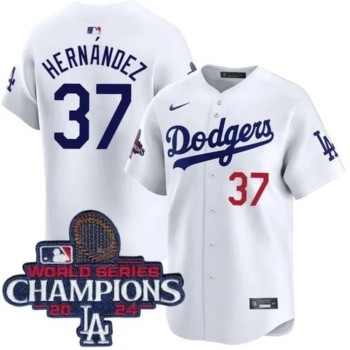 Men's Los Angeles Dodgers #37 Teoscar Hernandez White 2024 World Series Champions Home Limited Stitched Baseball Jersey Men's Los Angeles Dodgers #37 Teoscar Hernandez White 2024 World Series Champions Home Limited Stitched Baseball Jersey