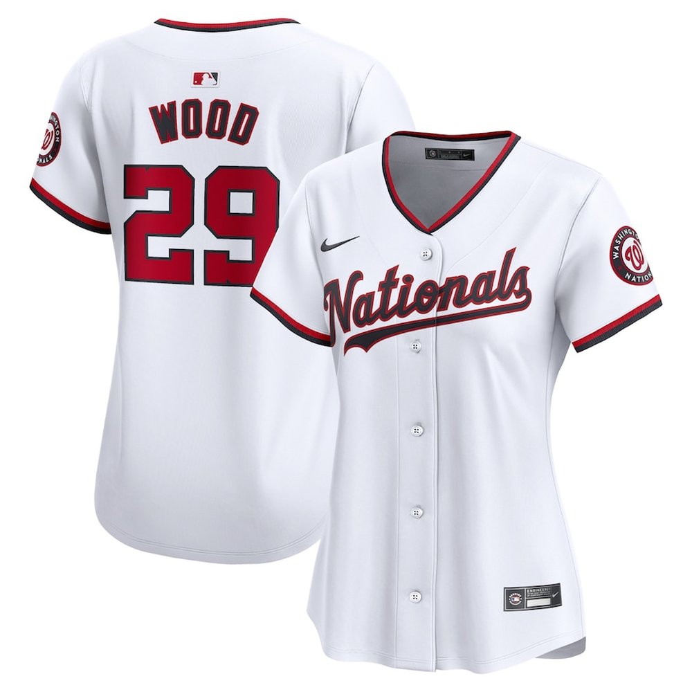 Women's Washington Nationals #29 James Wood White Home Limited Player Jersey Women's Washington Nationals #29 James Wood White Home Limited Player Jersey