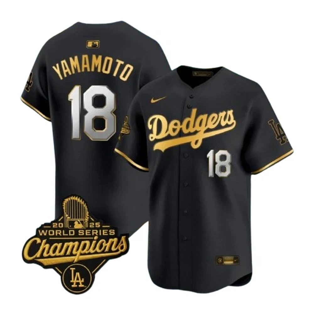 Men's Los Angeles Dodgers #18 Yoshinobu Yamamoto Black Golden 2025 World Series Champions Home Limited Jersey Men's Los Angeles Dodgers #18 Yoshinobu Yamamoto Black Golden 2025 World Series Champions Home Limited Jersey