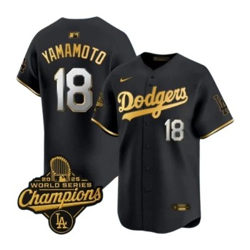 Men's Los Angeles Dodgers #18 Yoshinobu Yamamoto Black Golden 2025 World Series Champions Home Limited Jersey Men's Los Angeles Dodgers #18 Yoshinobu Yamamoto Black Golden 2025 World Series Champions Home Limited Jersey