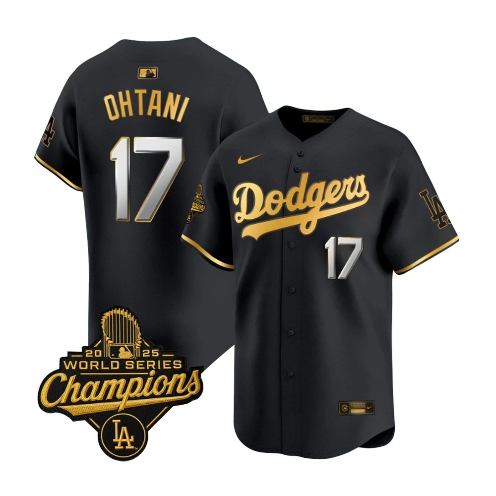 Men's Los Angeles Dodgers #17 Shohei Ohtani Black Golden 2025 World Series Champions Home Limited Jersey Men's Los Angeles Dodgers #17 Shohei Ohtani Black Golden 2025 World Series Champions Home Limited Jersey