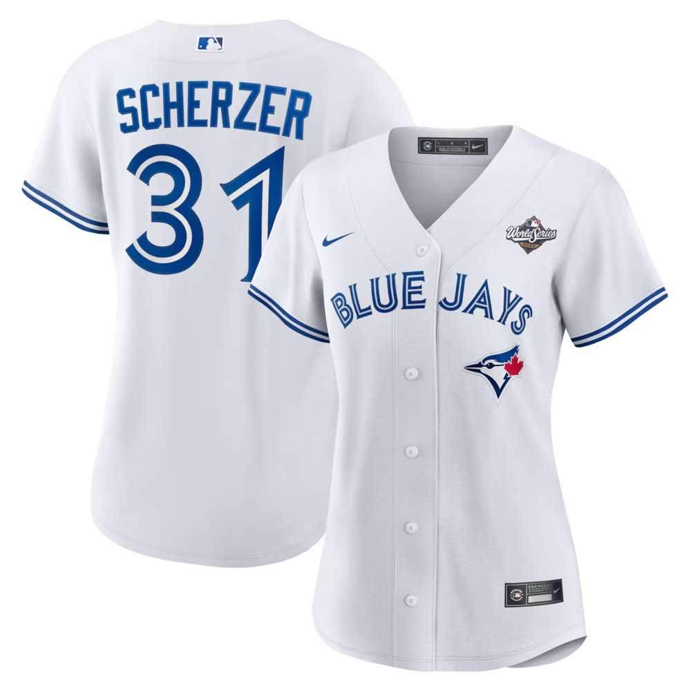 Women's Toronto Blue Jays #31 Max Scherzer White 2025 World Series Home Replica Player Jersey Women's Toronto Blue Jays #31 Max Scherzer White 2025 World Series Home Replica Player Jersey