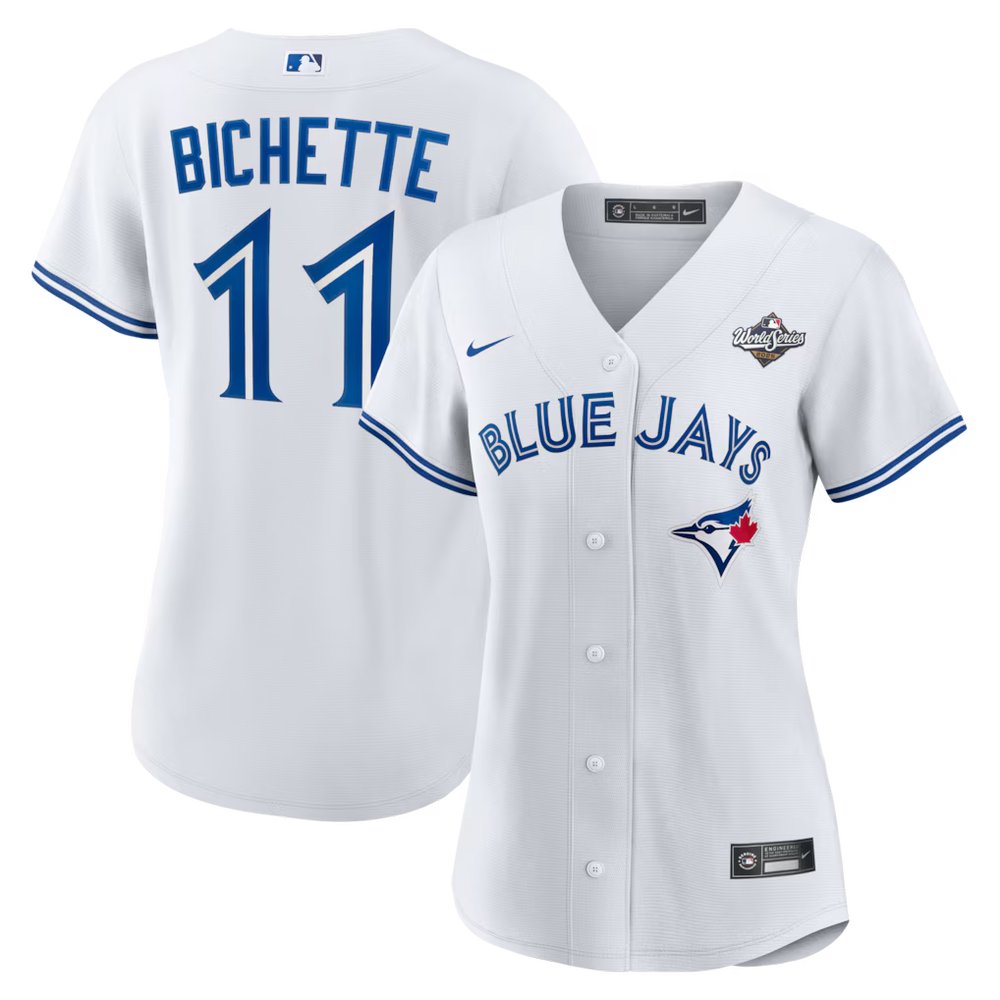 Women's Toronto Blue Jays #11 Bo Bichette White 2025 World Series Home Replica Player Jersey Women's Toronto Blue Jays #11 Bo Bichette White 2025 World Series Home Replica Player Jersey