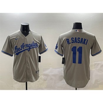 Men's Los Angeles Dodgers #11 Roki Sasaki Grey Cool Base Stitched Baseball Jersey Men's Los Angeles Dodgers #11 Roki Sasaki Grey Cool Base Stitched Baseball Jersey