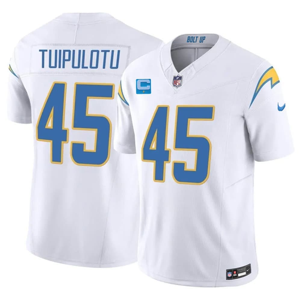 Men's Los Angeles Chargers #45 Tuli Tuipulotu White 2026 1-Star C Patch Vapor F.U.S.E. Limited Jersey Men's Los Angeles Chargers #45 Tuli Tuipulotu White 2026 1-Star C Patch Vapor F.U.S.E. Limited Jersey