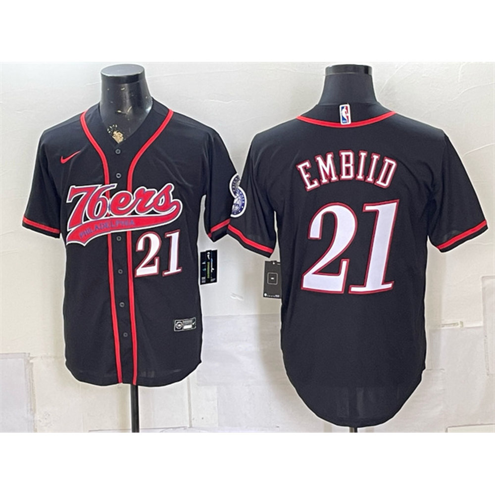 Men's Philadelphia 76ers #21 Joel Embiid Black Cool Base Baseball Jersey Men's Philadelphia 76ers #21 Joel Embiid Black Cool Base Baseball Jersey