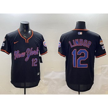 Men's New York Mets #12 Francisco Lindor Black 2025 Spring Training Stitched Baseball Jersey Men's New York Mets #12 Francisco Lindor Black 2025 Spring Training Stitched Baseball Jersey