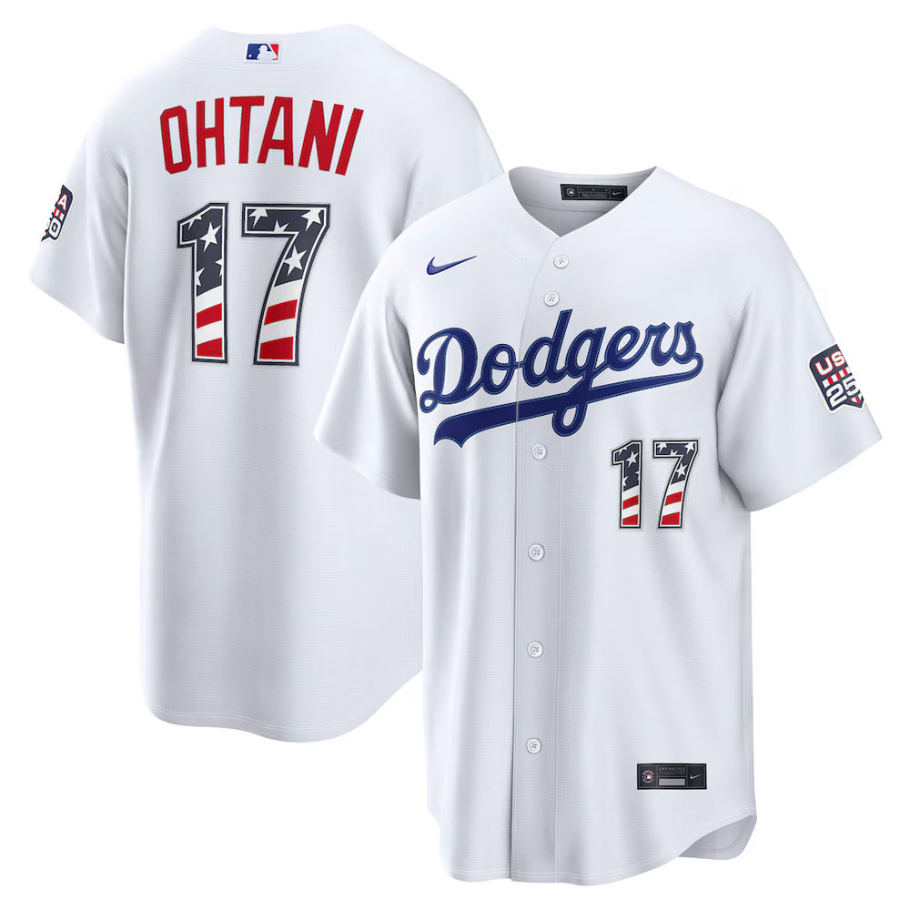 Men's Los Angeles Dodgers #17 Shohei Ohtani Nike White USA 250 Fourth of July Home Stadium Jersey Men's Los Angeles Dodgers #17 Shohei Ohtani Nike White USA 250 Fourth of July Home Stadium Jersey