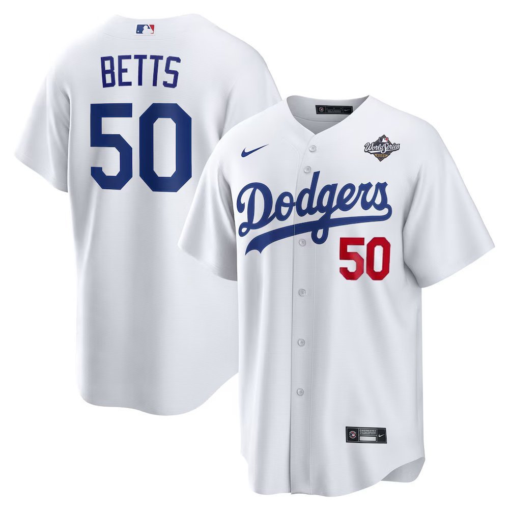 Men's Los Angeles Dodgers #50 Mookie Betts White 2025 World Series Home Limited Jersey Men's Los Angeles Dodgers #50 Mookie Betts White 2025 World Series Home Limited Jersey