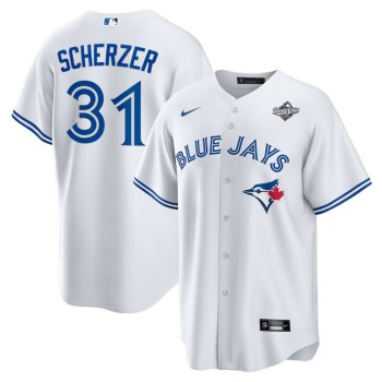 Men's Toronto Blue Jays #31 Max Scherzer White 2025 World Series Home Replica Player Jersey Men's Toronto Blue Jays #31 Max Scherzer White 2025 World Series Home Replica Player Jersey