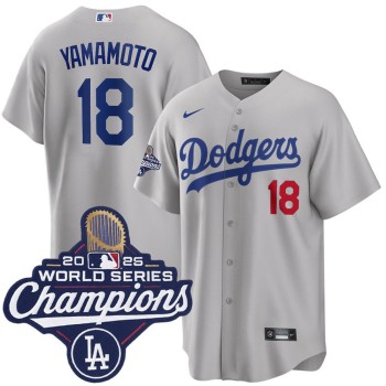 Men's Los Angeles Dodgers #18 Yoshinobu Yamamoto Gray 2025 World Series Champions Home Limited Jersey Men's Los Angeles Dodgers #18 Yoshinobu Yamamoto Gray 2025 World Series Champions Home Limited Jersey