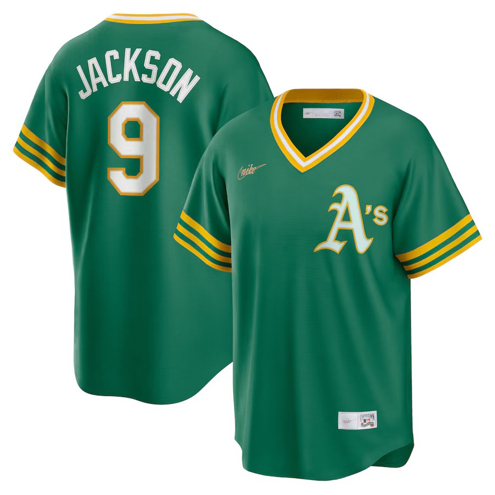 Men's Oakland Athletics #9 Reggie Jackson Kelly Green Road Cooperstown Collection Player Jersey