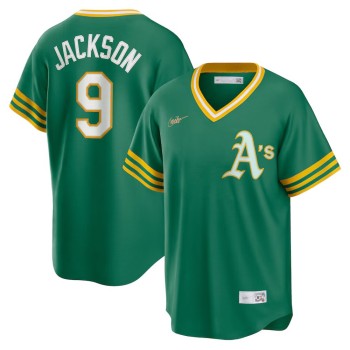 Men's Oakland Athletics #9 Reggie Jackson Kelly Green Road Cooperstown Collection Player Jersey